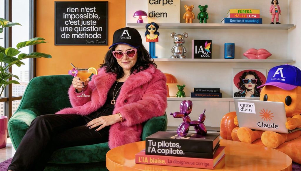 Yaelle David, formatrice IA et fondatrice de FormIALab, assise dans un fauteuil vert avec manteau rose fuchsia, casquette FormIALab, cocktail à la main, entourée de figurines et livres sur l'intelligence artificielle. Texte mural : "rien n'est impossible, c'est juste une question de méthode".