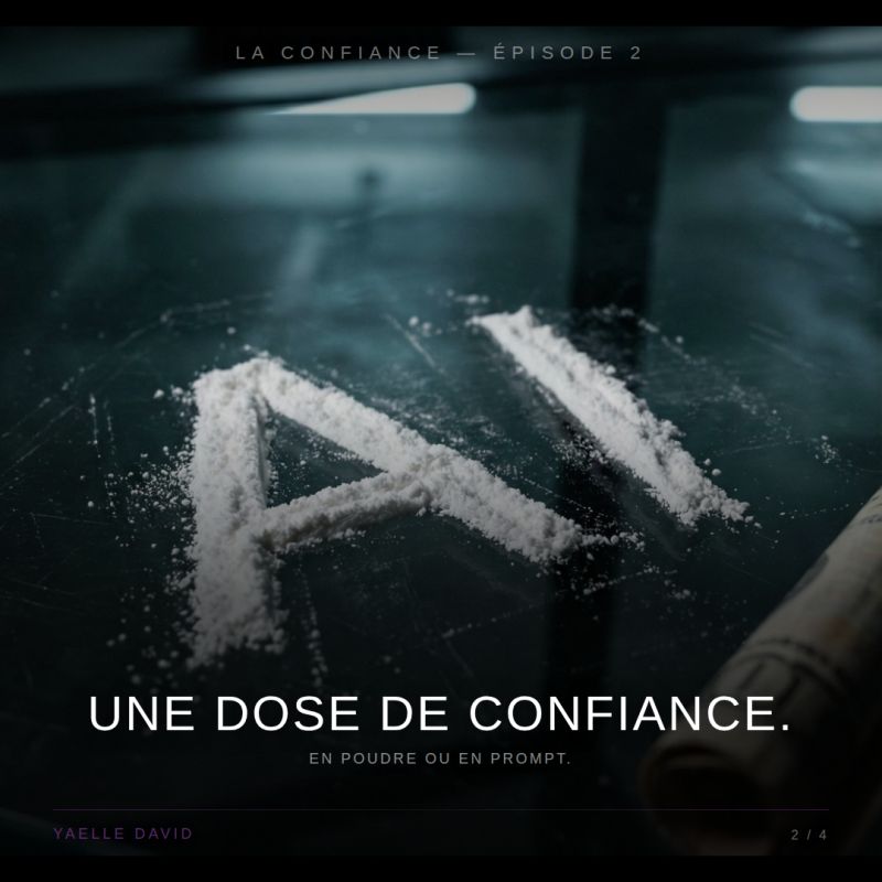 Les lettres AI tracées en poudre blanche sur une table sombre, image de la série La confiance de Yaelle David sur la dépendance à l'IA