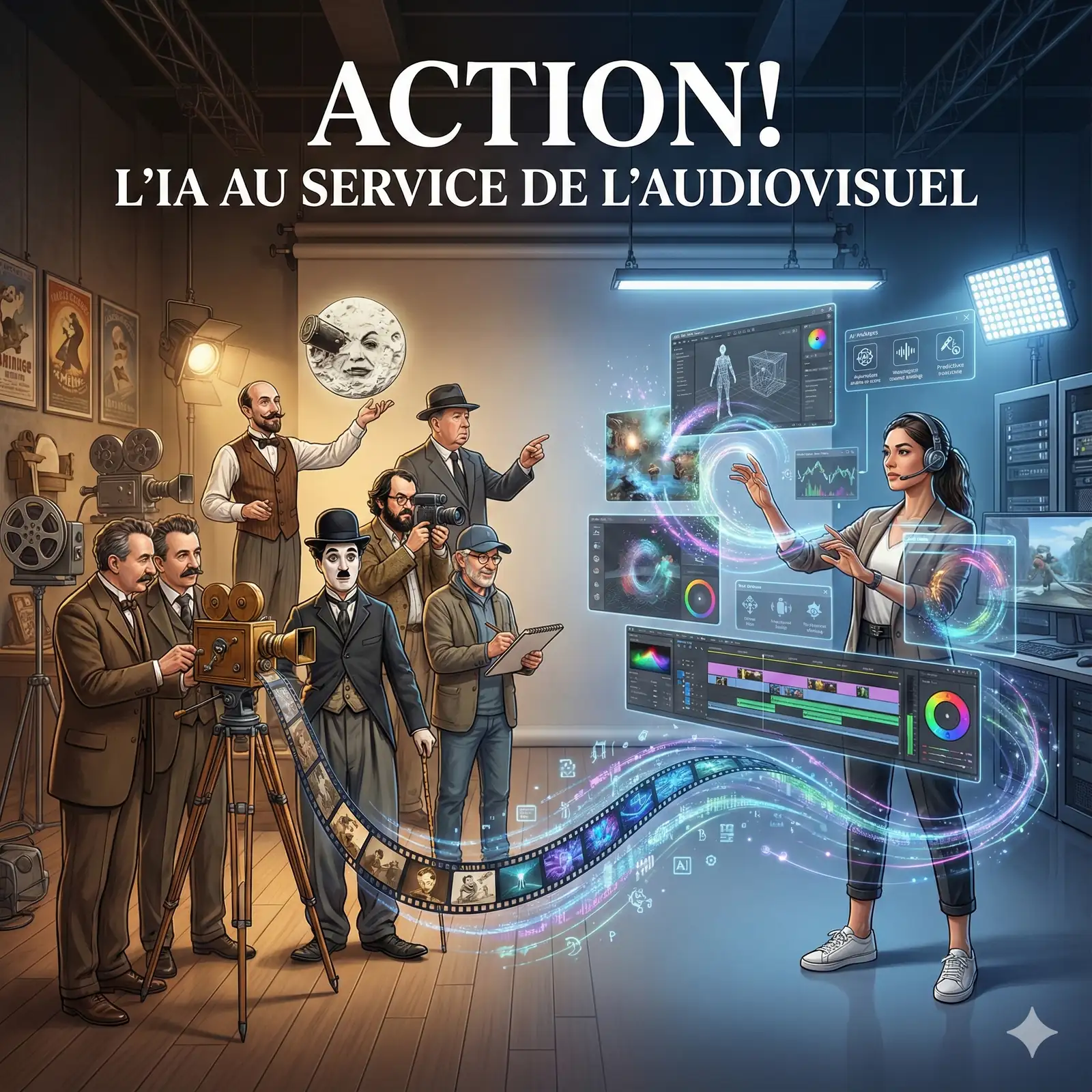 Collage cinématographique, pionniers du cinéma et interfaces IA, Action l'IA au service de l'audiovisuel