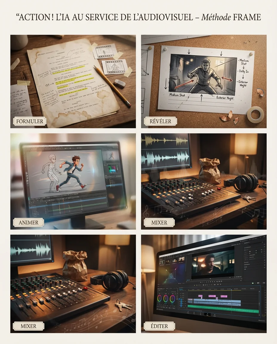 Les cinq étapes de la méthode F.R.A.M.E. illustrées, du scénario au montage