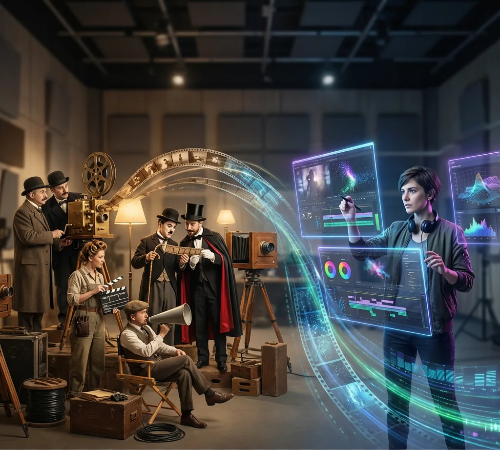 Plateau de tournage hybride, équipe de cinéma d'époque et monteuse travaillant sur des écrans holographiques