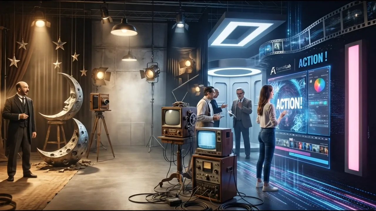 Studio de tournage avec écrans lumineux et mention Action