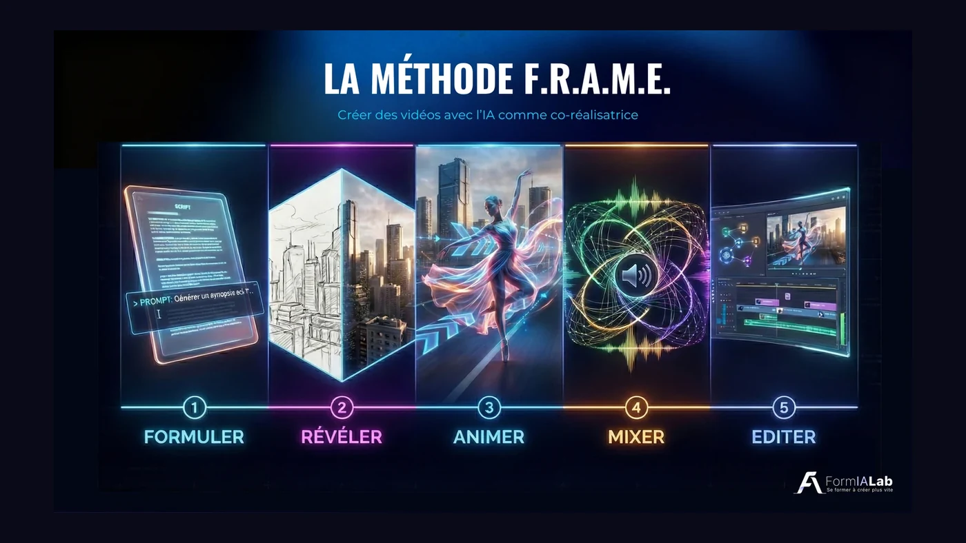 Schéma de la méthode F.R.A.M.E. : Formuler, Révéler, Animer, Mixer, Éditer