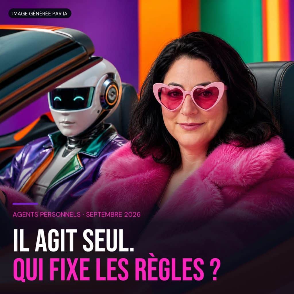 Yaelle au volant d'un cabriolet orange, lunettes cœur roses et manteau rose, un robot blanc assis à côté d'elle, avec la question « Il agit seul. Qui fixe les règles ? ».