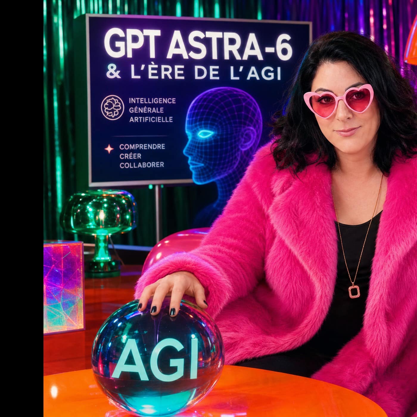 Yaelle David en manteau rose et lunettes en forme de cœur, devant un écran « GPT Astra-6 et l'ère de l'AGI », la main posée sur une boule de cristal marquée AGI.