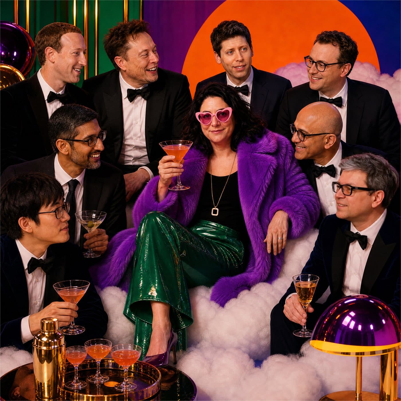 Une femme en manteau de fourrure violette et lunettes en forme de cœur, cocktail à la main, assise sur un nuage au milieu de huit dirigeants de la tech en smoking, devant un décor pop orange, vert et violet.