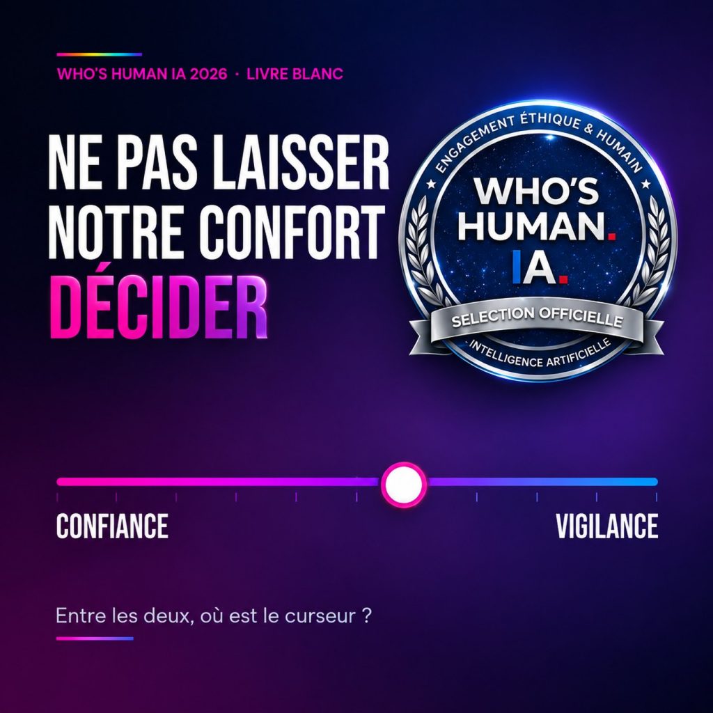 Visuel sur fond bleu nuit : la phrase « Ne pas laisser notre confort décider », le badge Sélection officielle Who's Human IA 2026, et un curseur rose et bleu placé entre les mots confiance et vigilance.