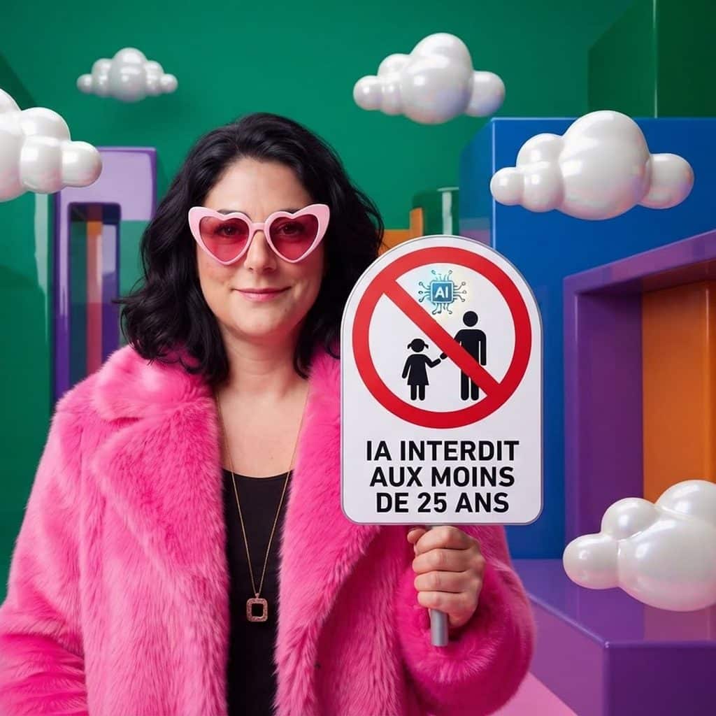 Yaelle, en manteau de fourrure rose et lunettes en forme de cœur, tient un panneau d'interdiction barrant une puce IA au-dessus d'un adulte et d'un enfant, avec l'inscription « IA interdit aux moins de 25 ans », dans un décor vert, bleu et violet parsemé de nuages.