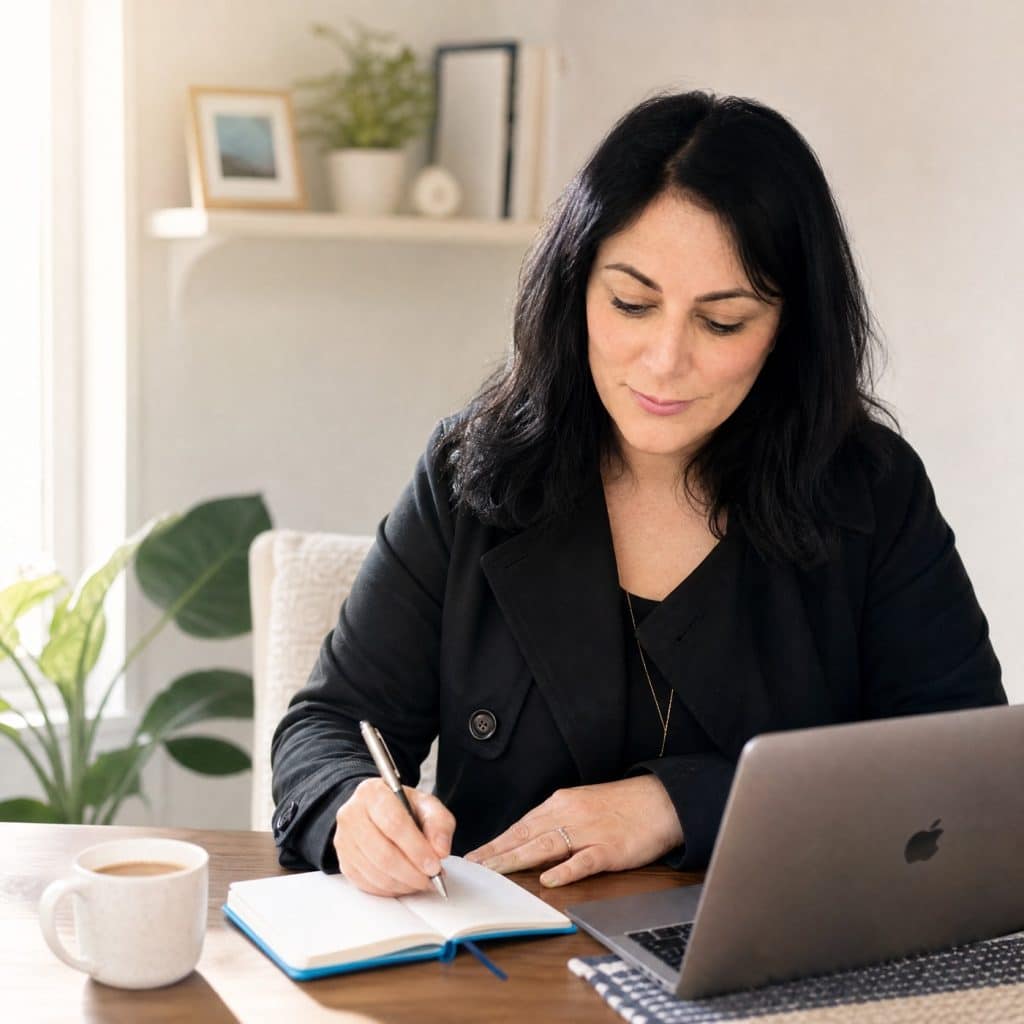 Une femme brune en veste noire écrit dans un carnet à son bureau, un ordinateur portable ouvert à côté d'elle.