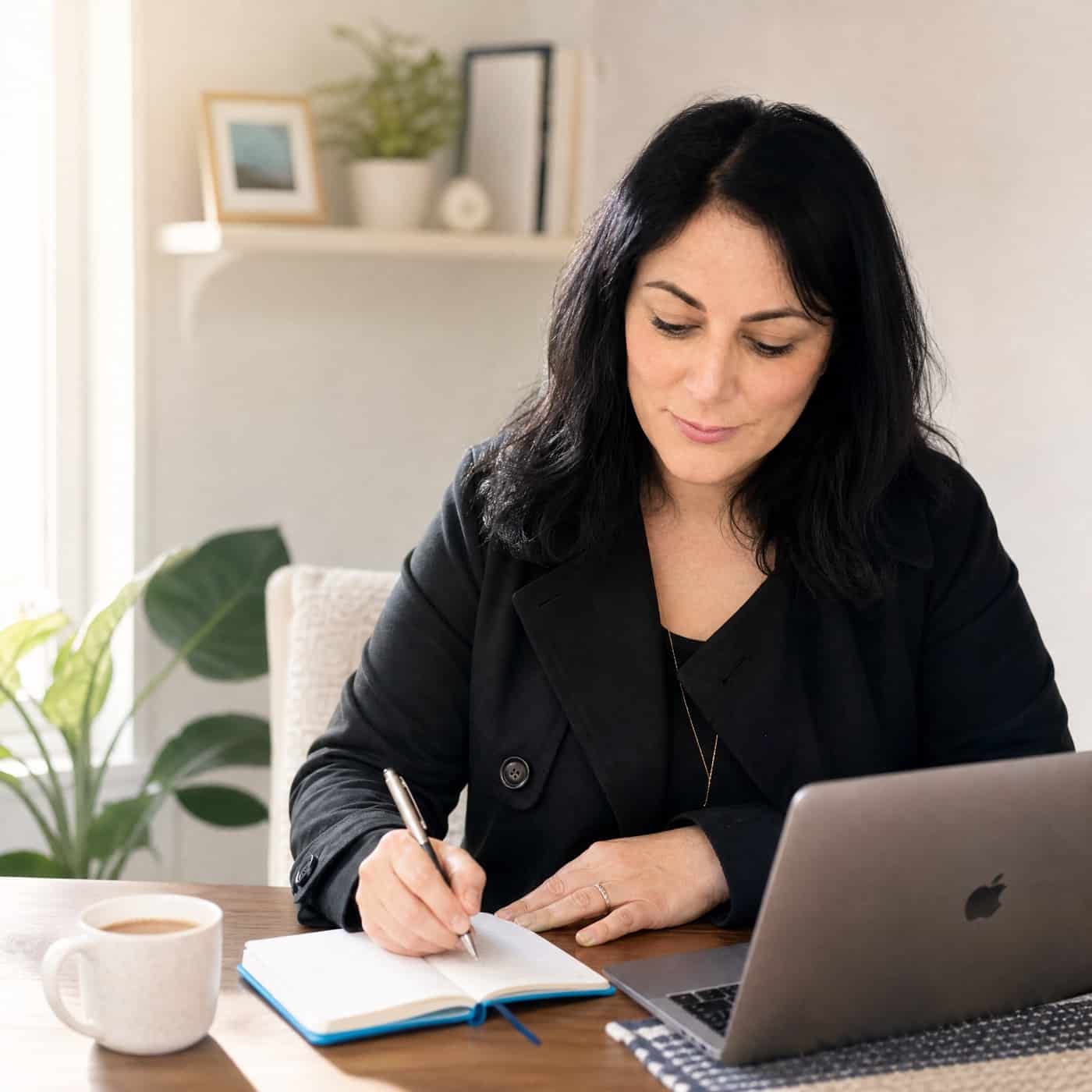 Une femme brune en veste noire écrit dans un carnet à son bureau, un ordinateur portable ouvert à côté d'elle.