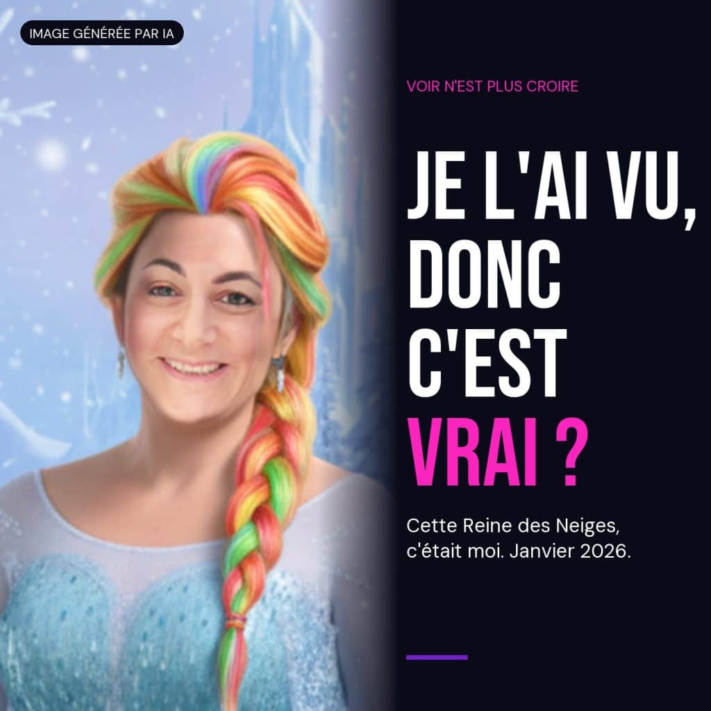 Yaelle en Reine des Neiges, cheveux arc-en-ciel tressés et robe bleu glacier devant un château de glace, image générée par IA, à côté de la question « Je l'ai vu, donc c'est vrai ? ».