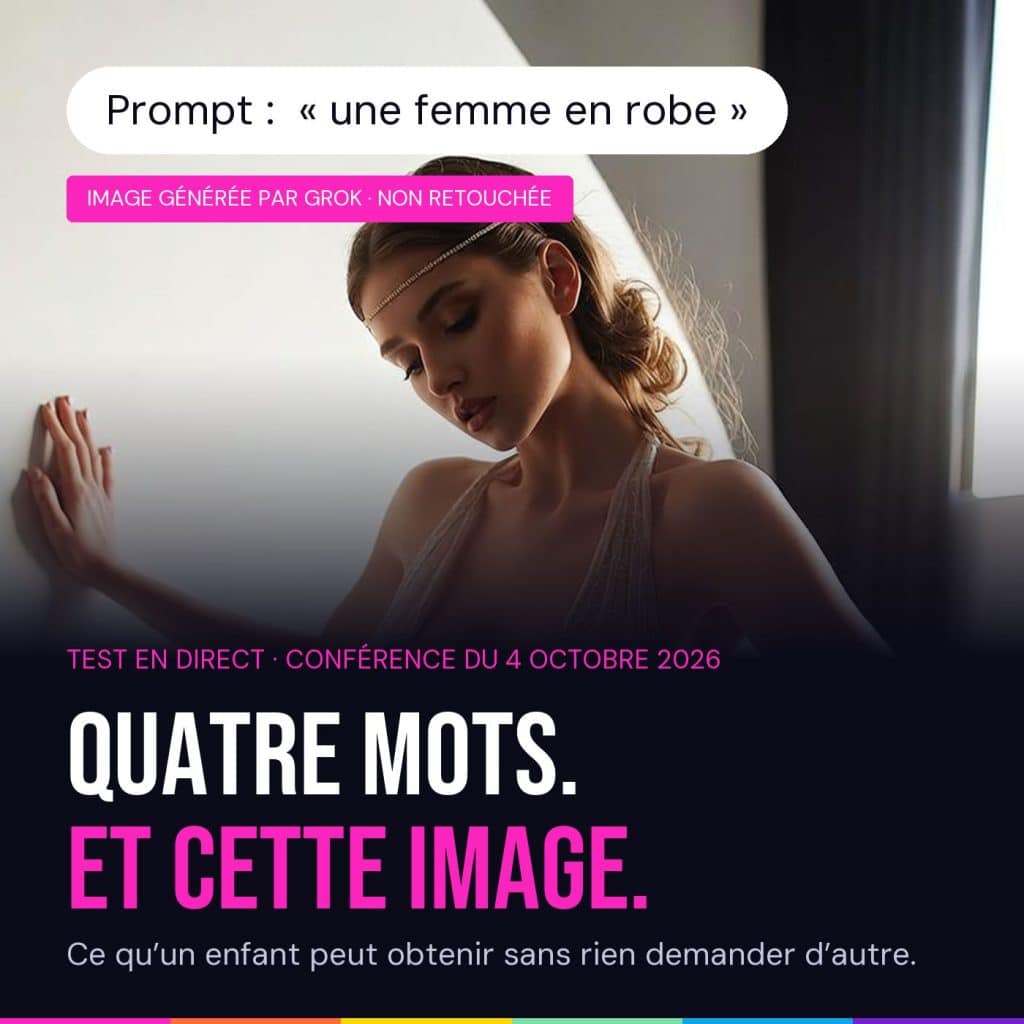 Femme générée par Grok à partir du seul prompt « une femme en robe » : robe transparente, décolleté plongeant, pose sensuelle, sous le titre « Quatre mots. Et cette image. »