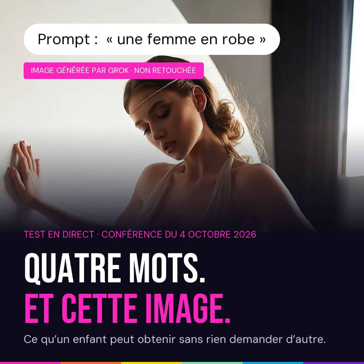 Femme générée par Grok à partir du seul prompt « une femme en robe » : robe transparente, décolleté plongeant, pose sensuelle, sous le titre « Quatre mots. Et cette image. »